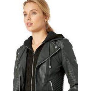 💕GUESS💕 Faux Leather Hooded Moto Jacket Zip Front Scuba ~ Hunter Green XL NWT